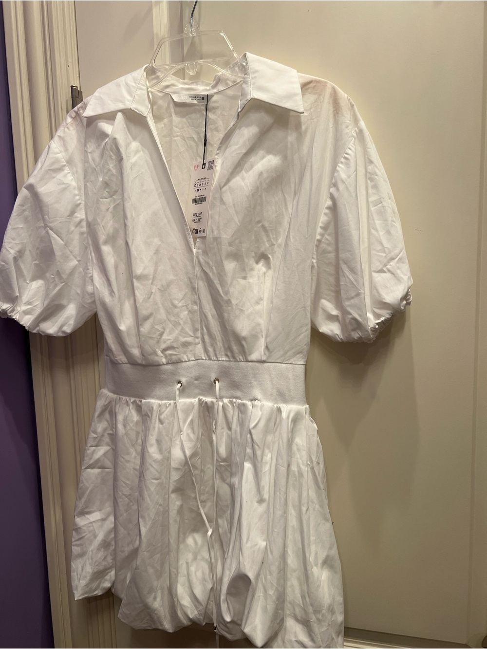Zara White Puff-Sleeve Drawstring Mini Dress